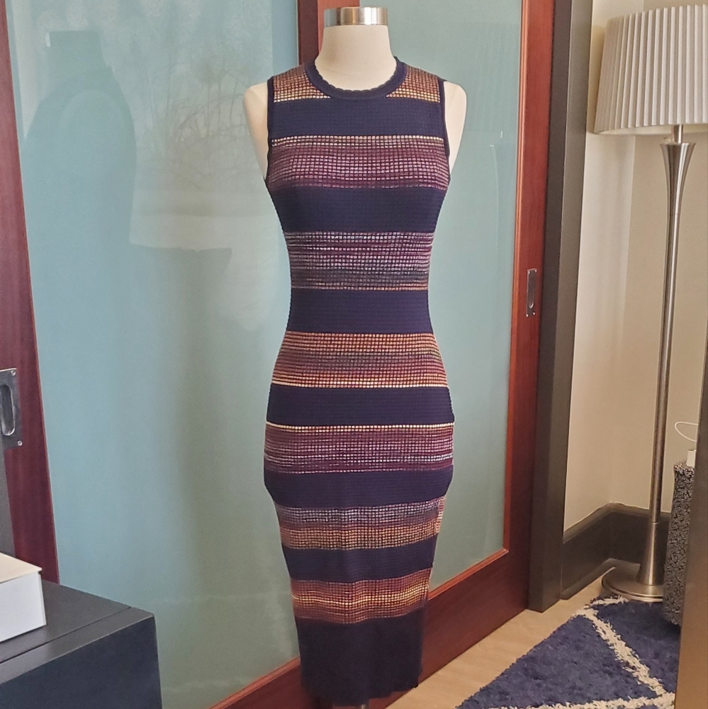 Multi-colored striped navy blue sleeveless dress by Rachel Roy